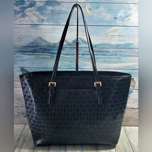 Michael Kors MK Signature Embossed Jet Set Carryall Tote Bag Black EUC - Picture 4 of 14